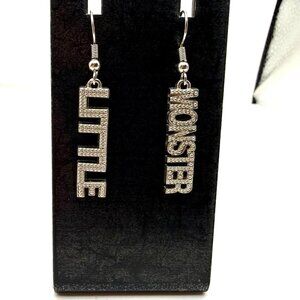 Little Monster Word Dangle Earrings Silver Tone Statement Novelty Jewelry